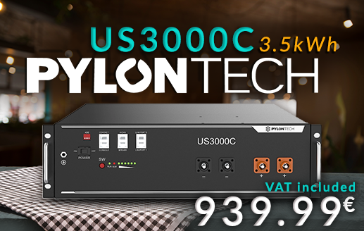 Pylontech US3000C - 3.5kWh battery at a price of €939.99 incl. VAT on a wooden table.